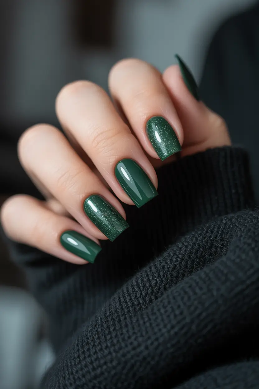 square nails Deep green square nails with subtle shimmer depth