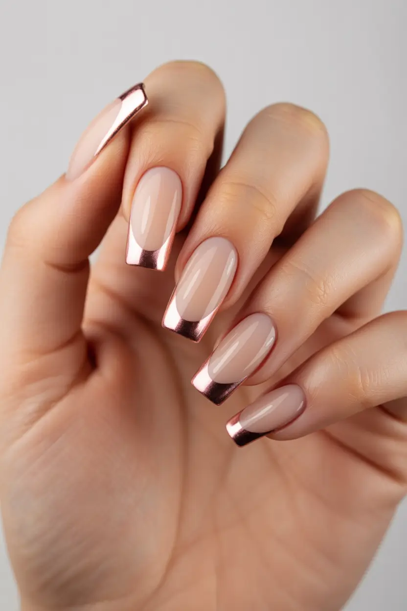 square nails Neutral square nails with rose gold French tips
