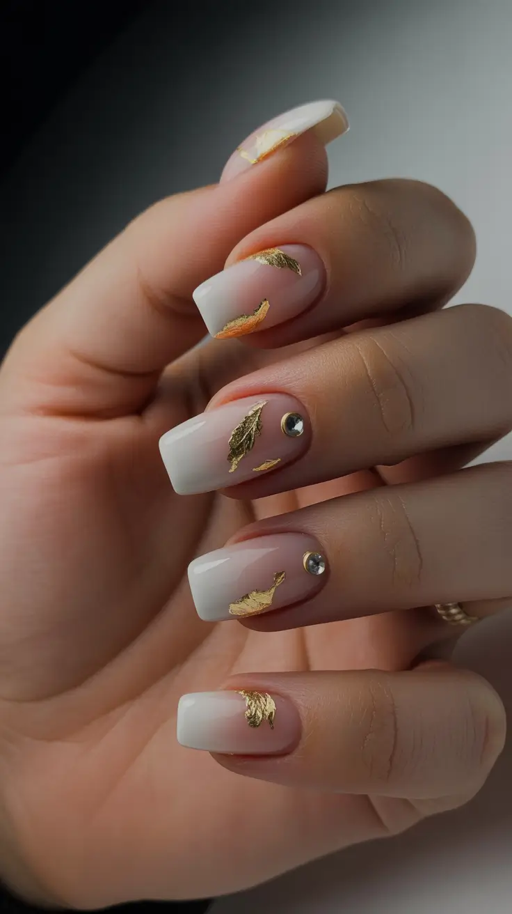 square nails Soft white squares with golden whispers