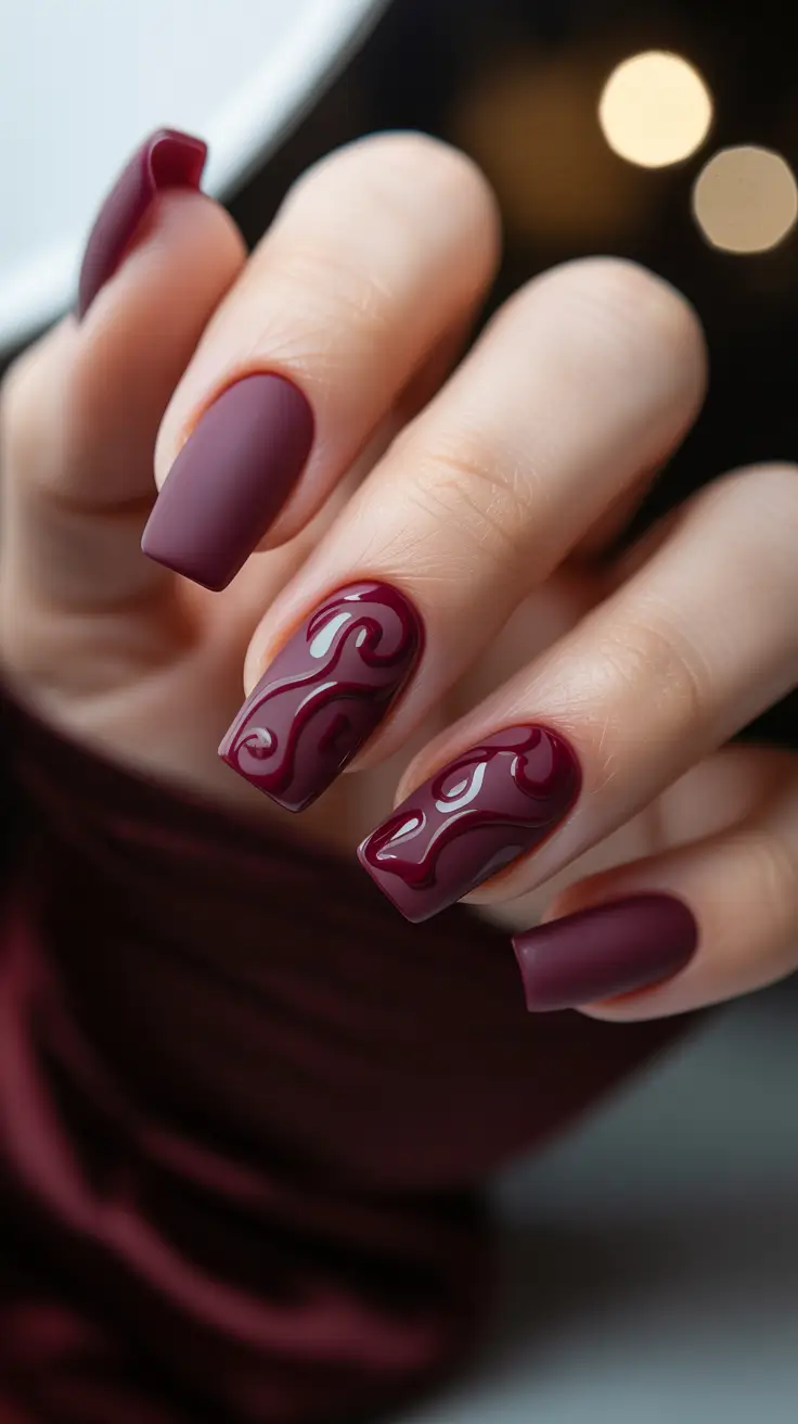square nails Burgundy square nails with flowing abstract art