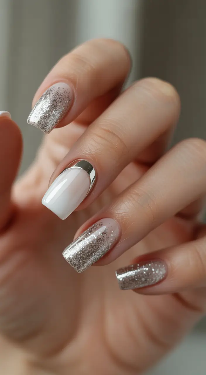 square nails Silver-accented white square nails with modern shine