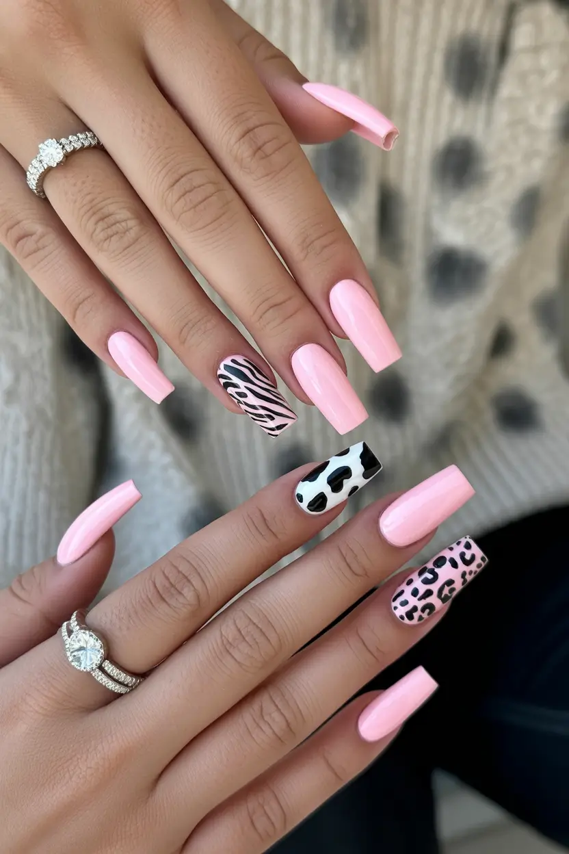 square nails Soft pink square nails with playful animal accents
