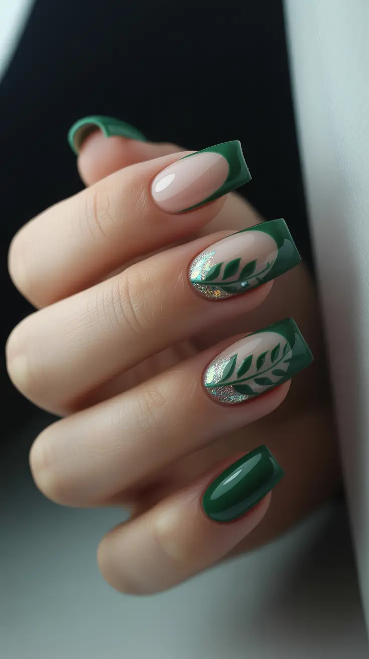 square nails Green botanical square nails with modern softness