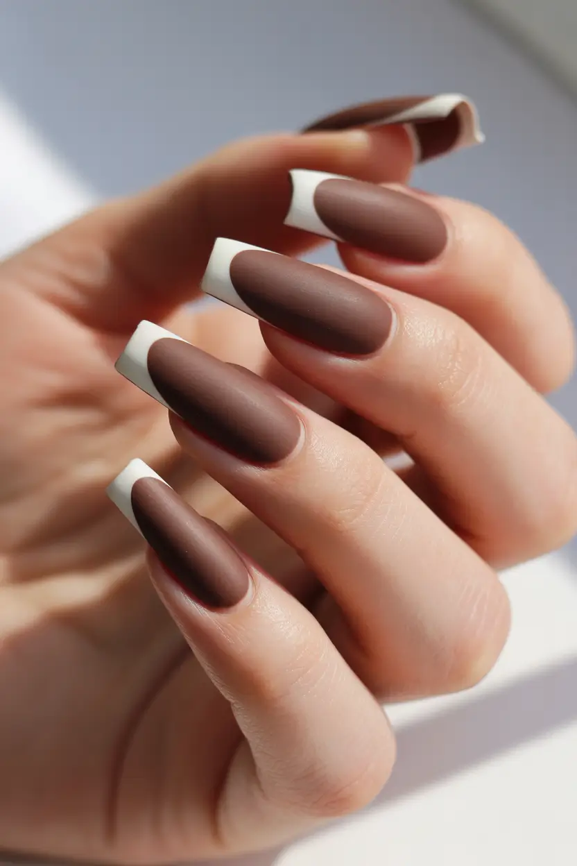 square nails Chocolate matte French with a softened square silhouette