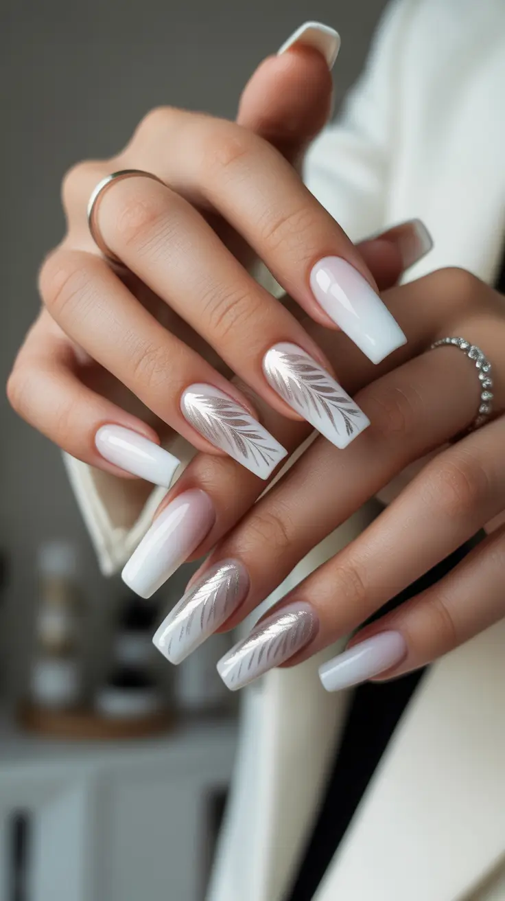 square nails White square nails with metallic botanical accents