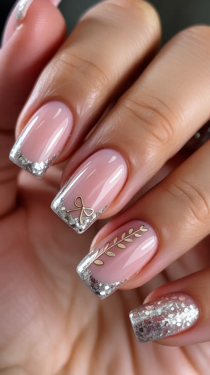 square nails Pink square nails with glittered French details