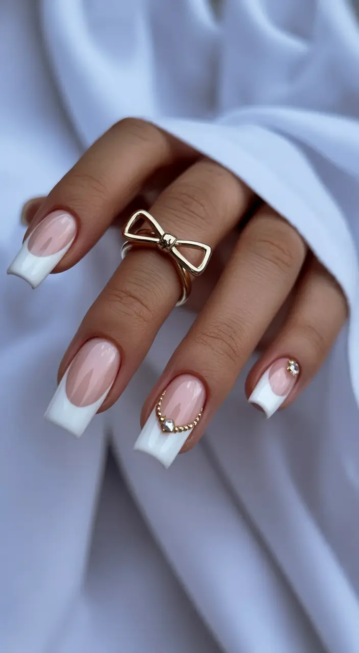 square nails Minimal French squares with soft gold accents