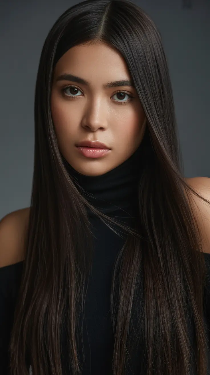 straight hairstyle Soft Glossy Length With a Polished Center Part