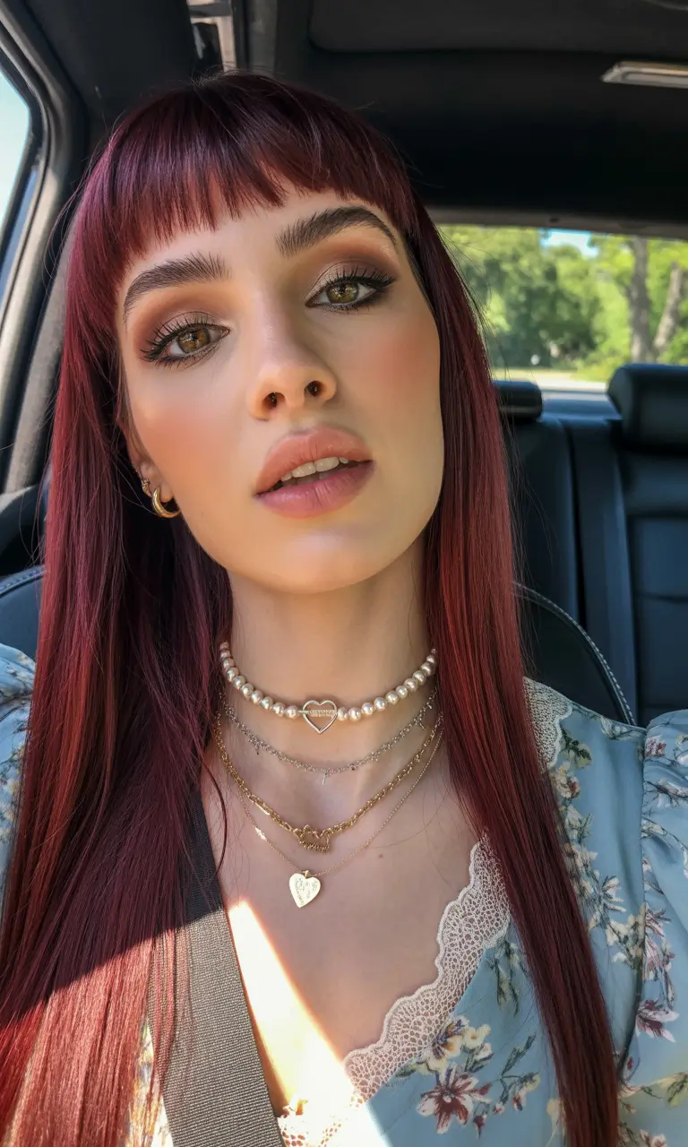 straight hairstyle Deep Red Sleek Length With Micro Baby Bangs