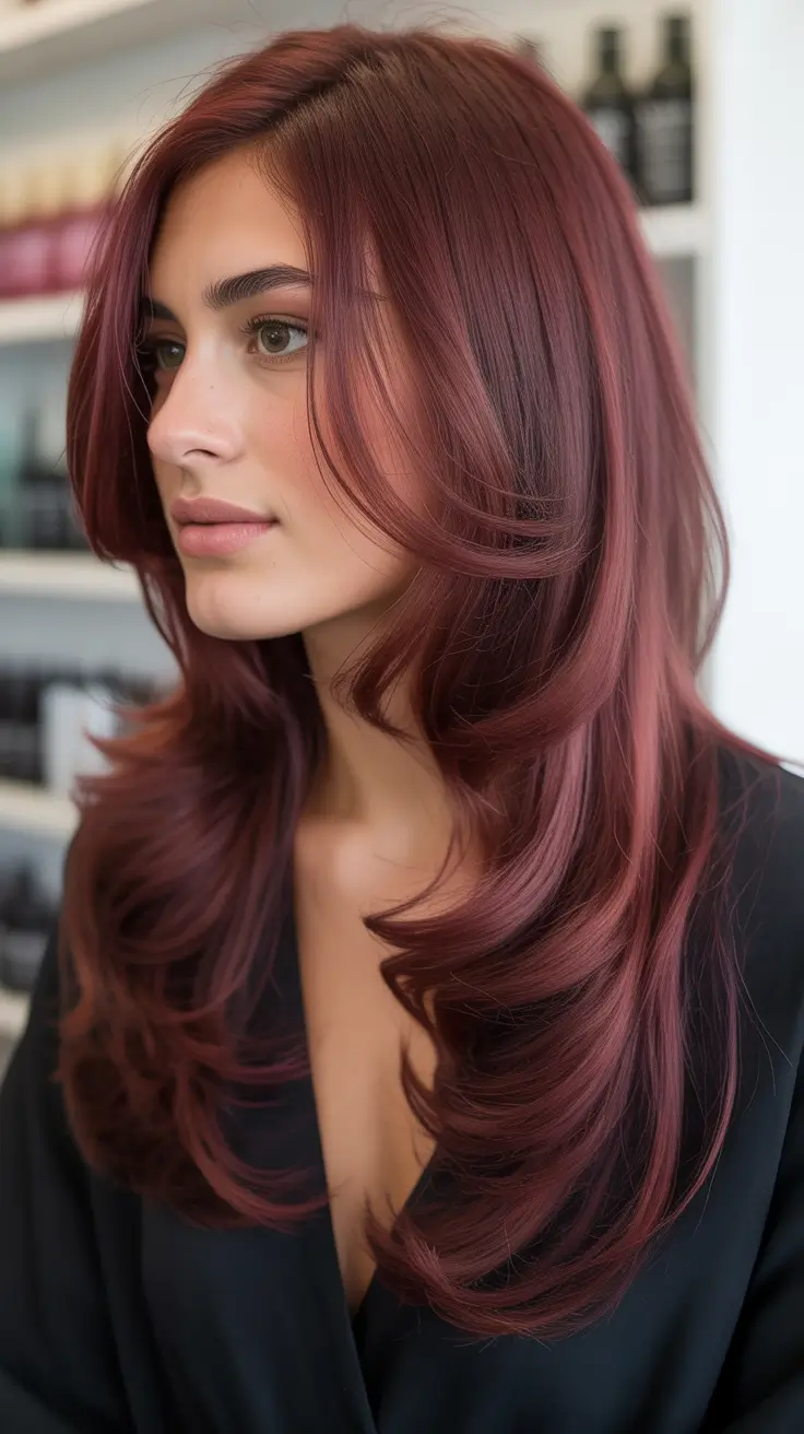 straight hairstyle Layered Plum Cascade With Soft Straight Flow