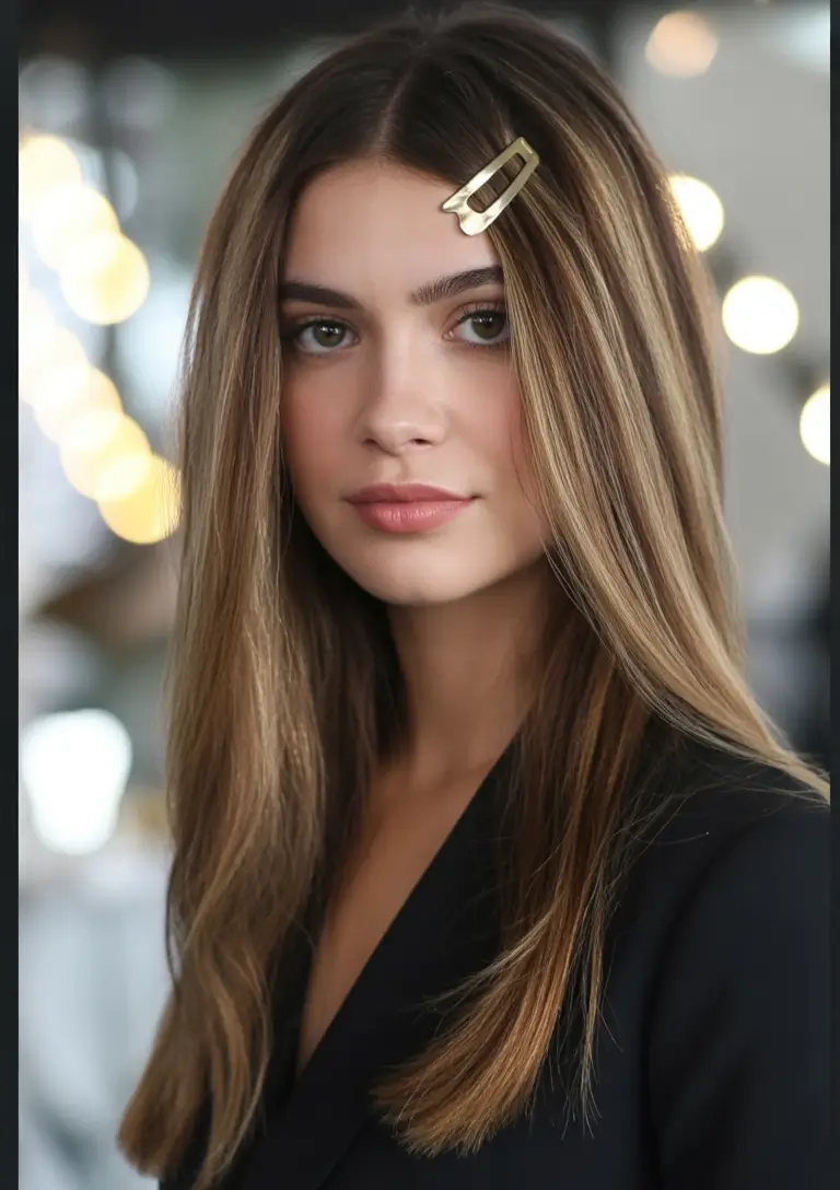 straight hairstyle Soft Straight Layers With a Chic Gold Hair Pin