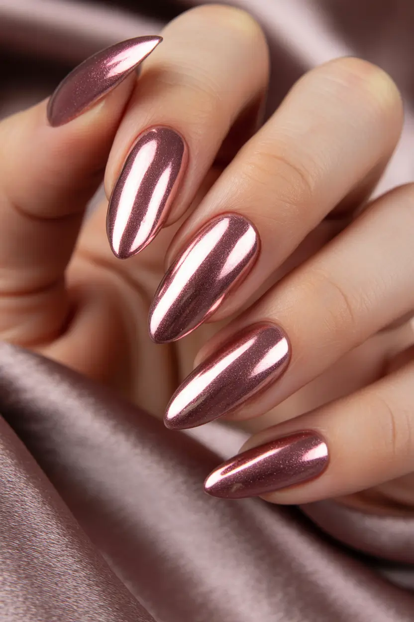 almond nails Rosy Metallic Chrome for a Mirror-Shine Finish