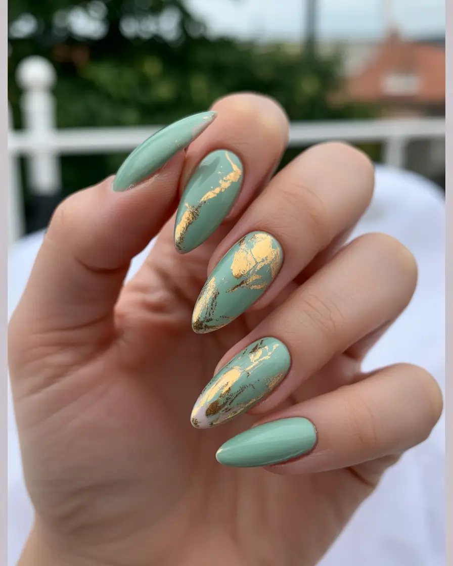 almond nails Mint-Green Elegance With Gilded Marble Accents