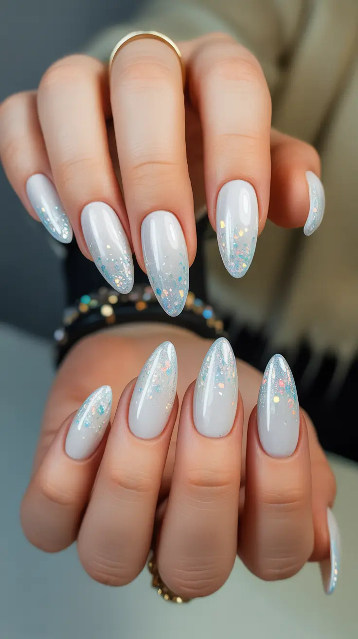 almond nails Icy Opal Sparkle for Soft Winter Light