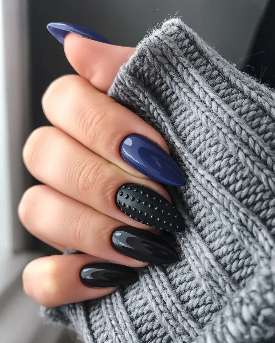 almond nails Navy and Black Texture Mix With Studded Detail