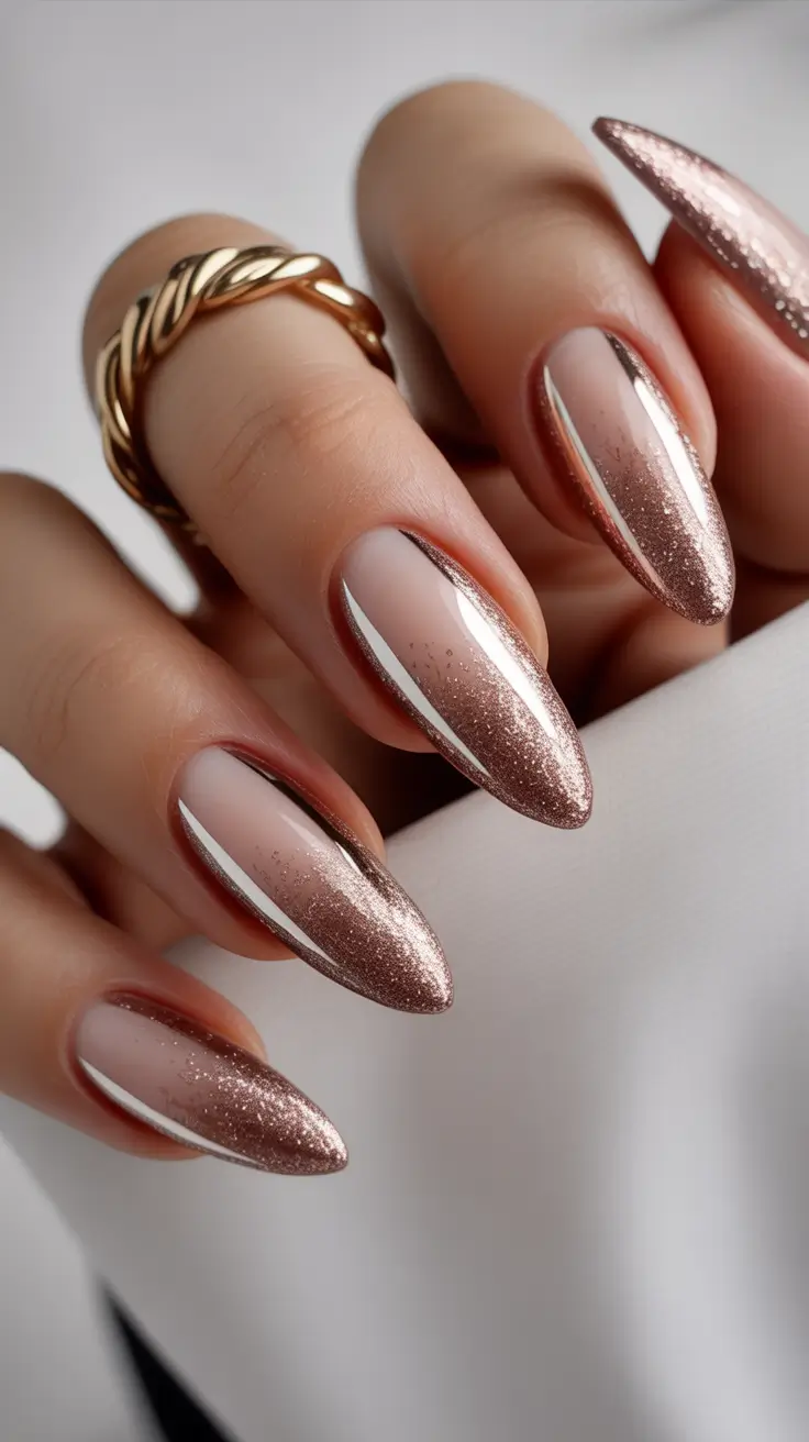 almond nails Rose Gold Gradient With Mirror-Cut Shine