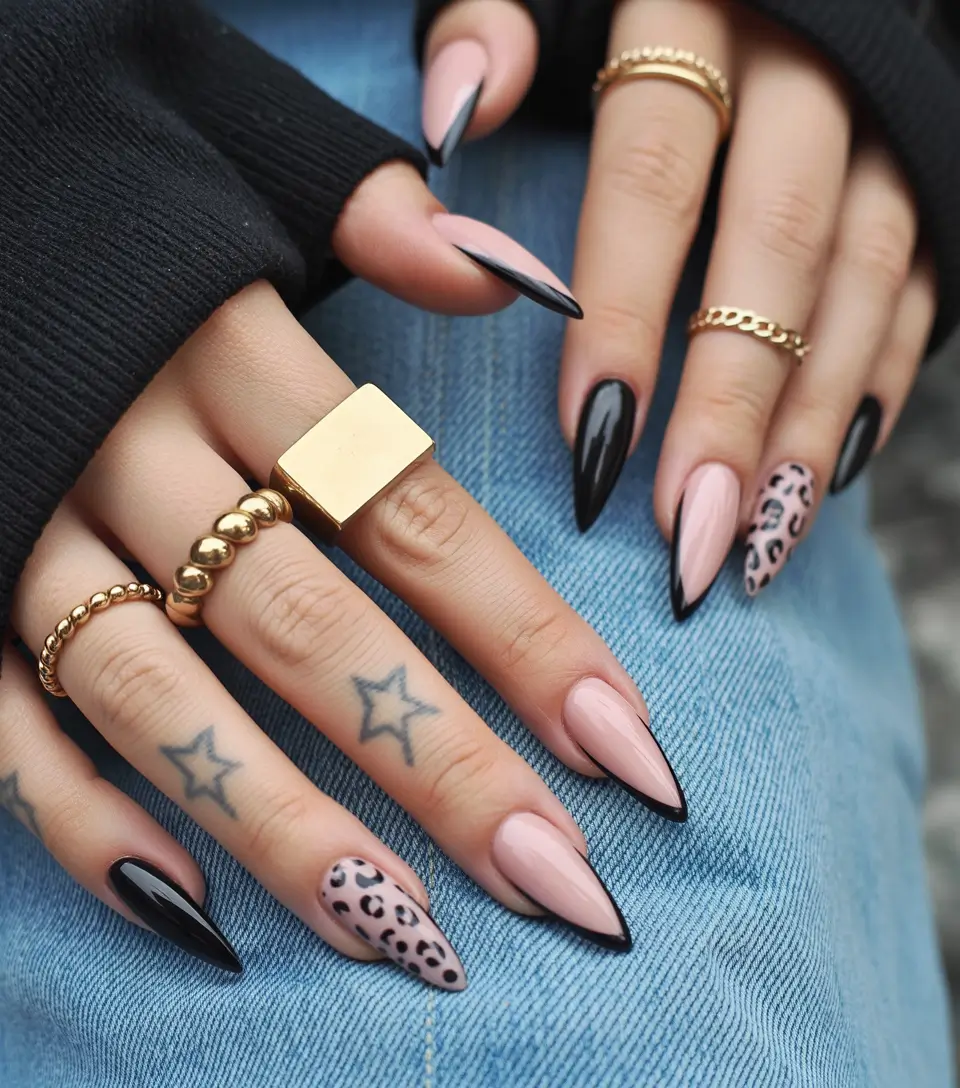 almond nails Sharp Contrast French With Leopard Accent Flair