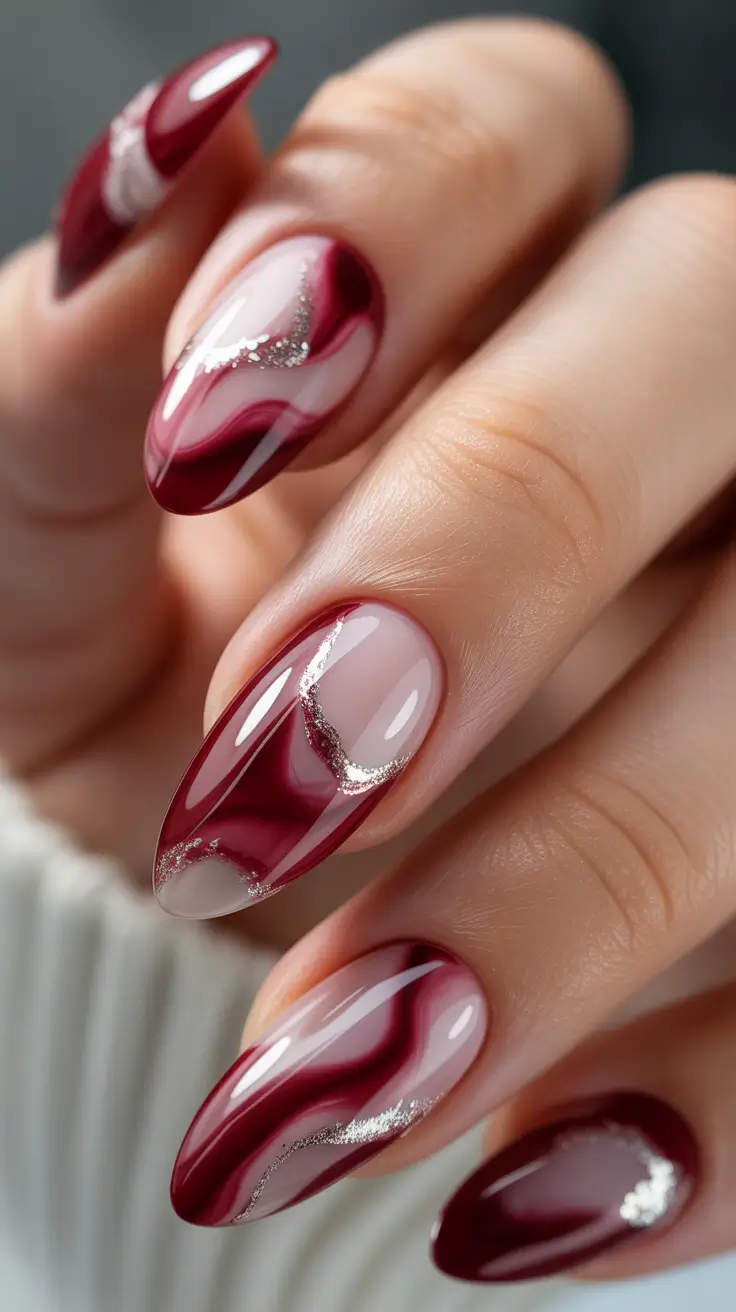 almond nails Deep Cranberry Waves With Silver Veining