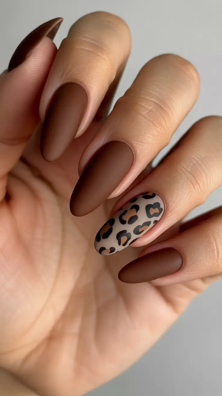 almond nails Matte Cocoa Almonds With Soft Leopard Accent