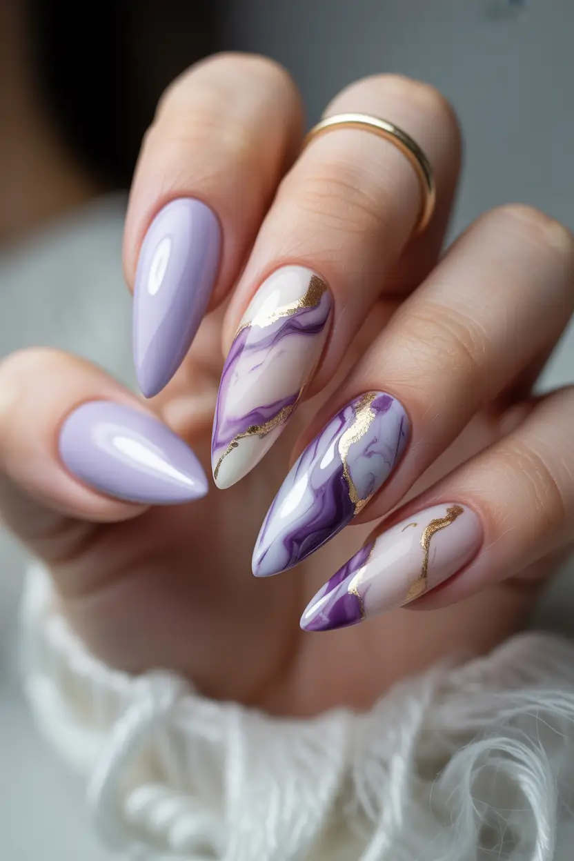 almond nails Lavender Marble Art With Gold Detailing