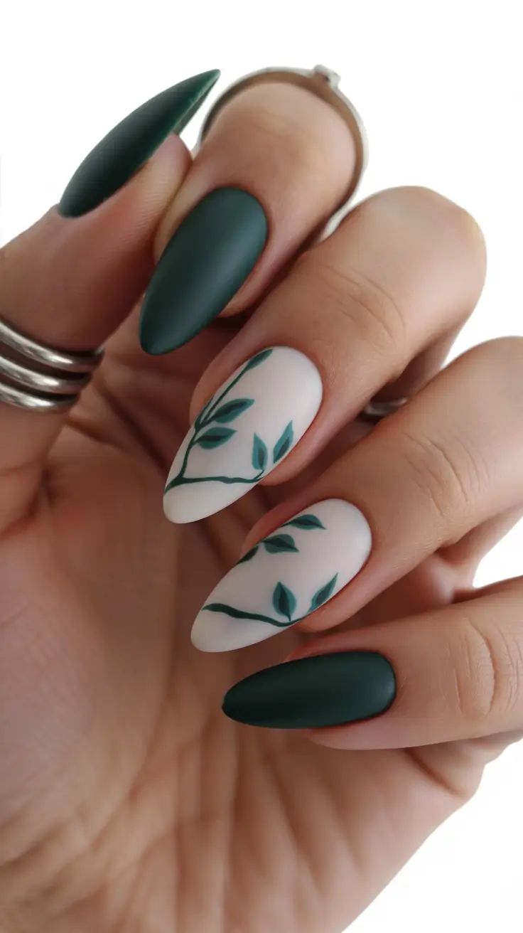 almond nails Deep Forest Green With Minimal Leaf Detailing