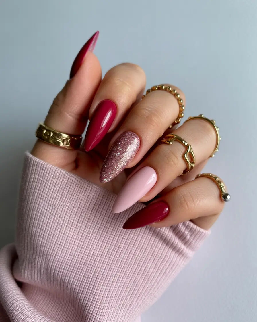 almond nails Berry Red and Soft Pink Mix With Glitter Accent