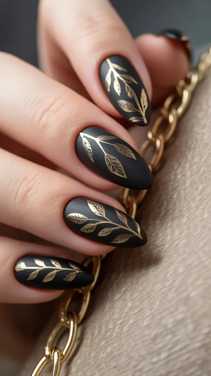 almond nails Matte Black With Gold Botanical Foil