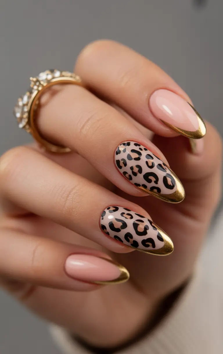 almond nails Golden Leopard Almonds With Nude Base