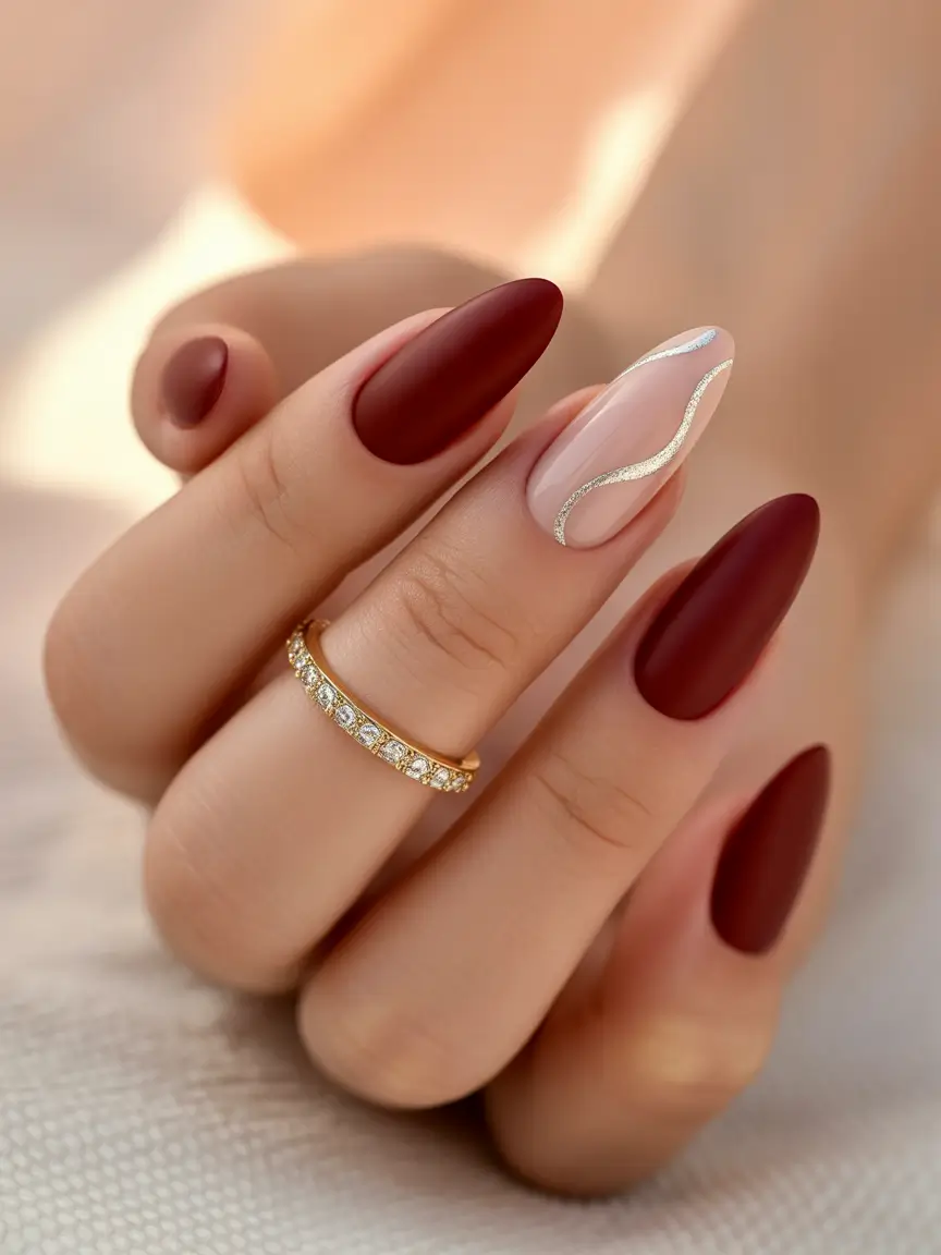 almond nails Velvety Burgundy Matte With Silver Wave Accent