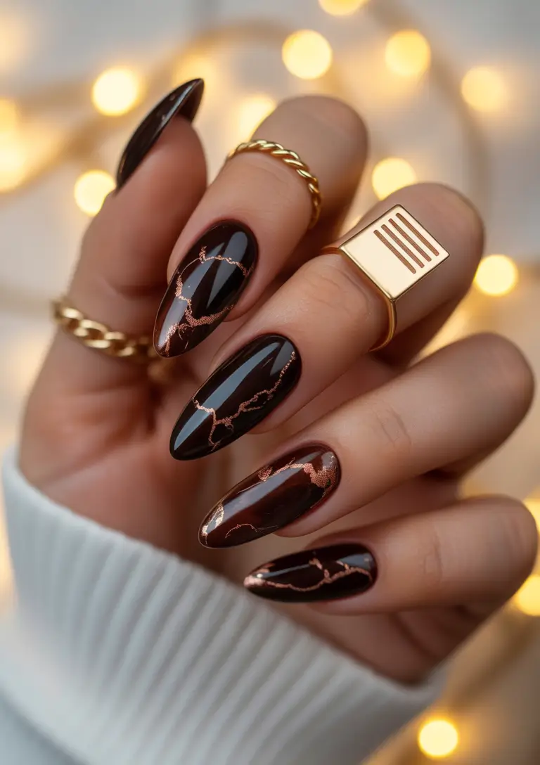 almond nails Dark Cocoa Shine with Copper Veining