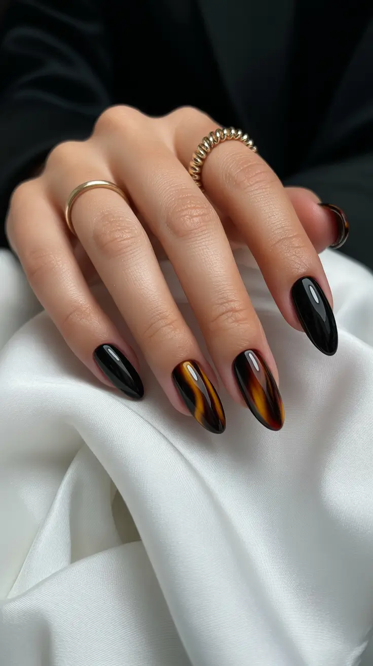 almond nails Tortoiseshell Glow with Black Depth