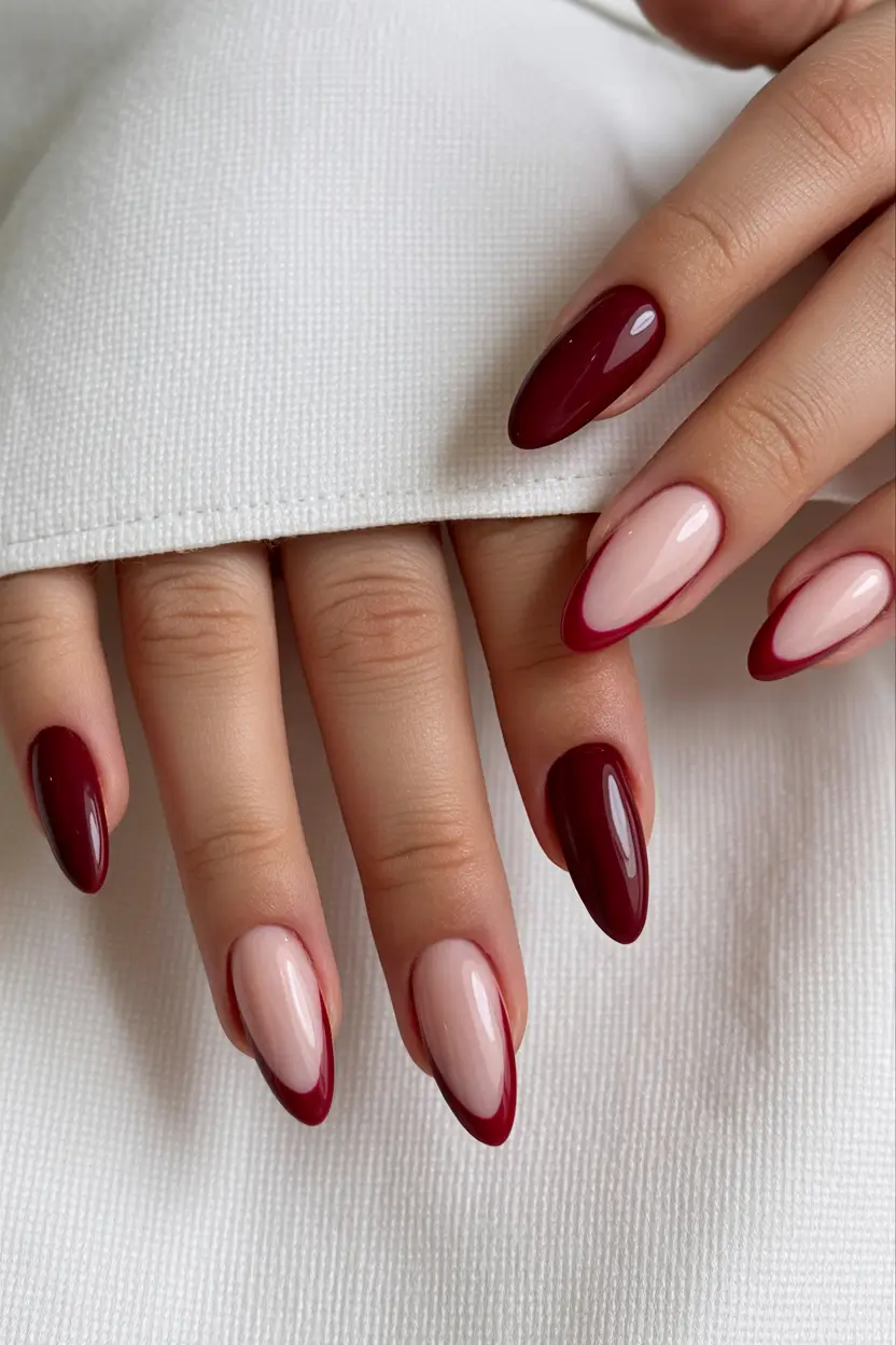 almond nails Classic Burgundy French with Modern Contrast