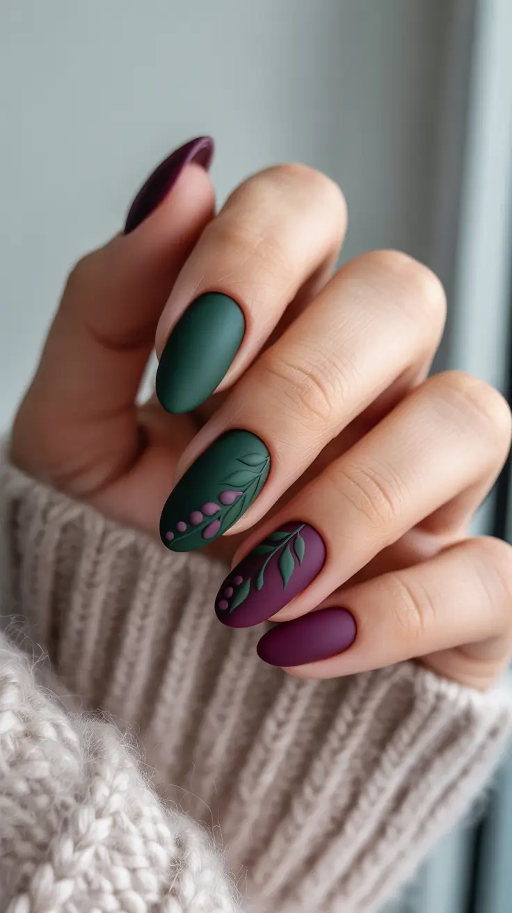 almond nails Matte Forest Berries in Deep Green and Plum
