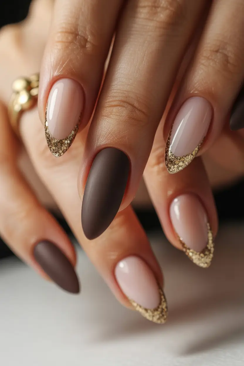 almond nails Chocolate Velvet Matte With Gold-Dipped Tips