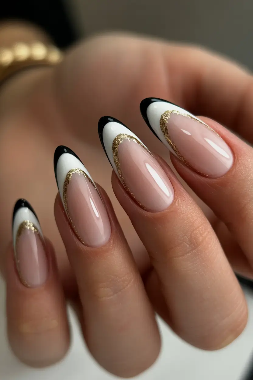almond nails Graphic Black and White French With Gold Halo