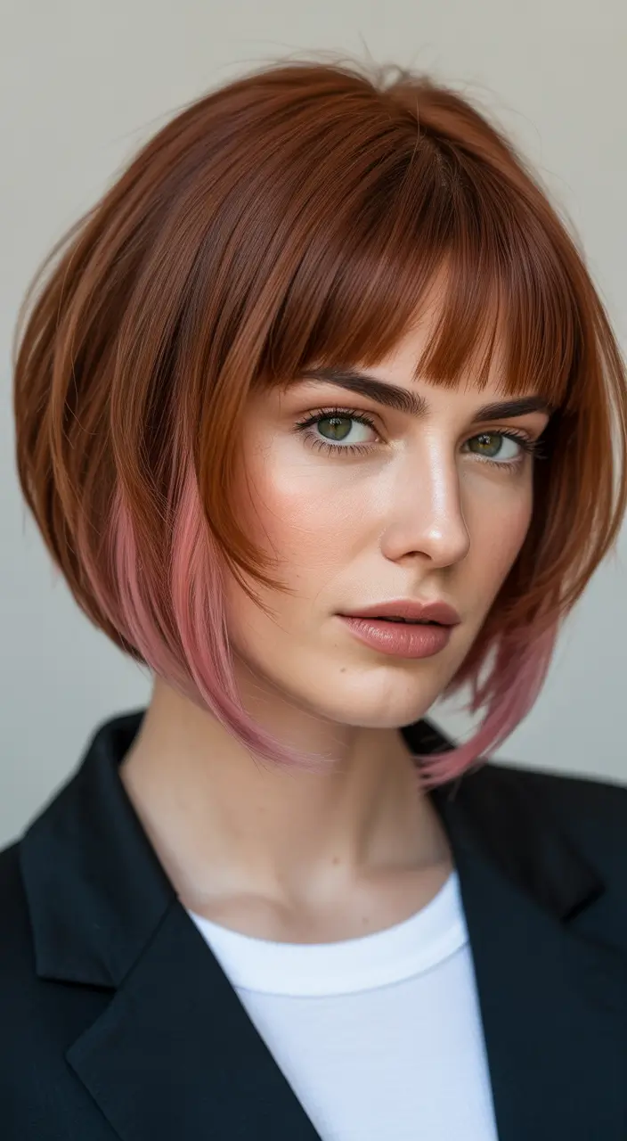 bob haircut Warm Chestnut Bob with Pink Accent Layers