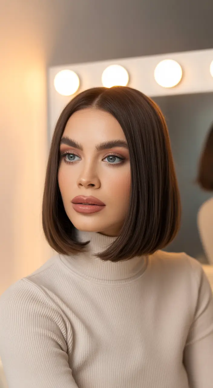 bob haircut Polished Dark Brunette Bob with Glossy Finish