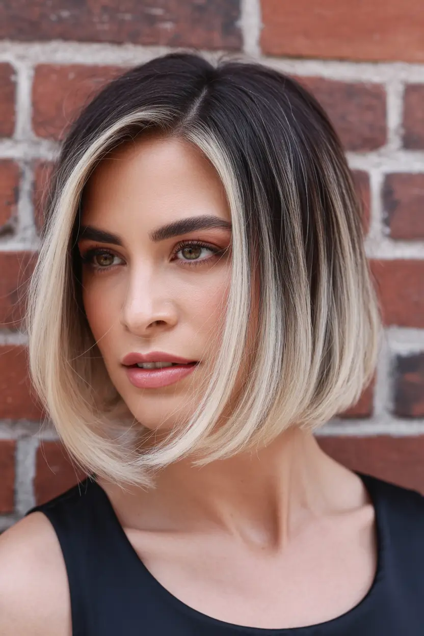 bob haircut High-Contrast Blonde Bob with Dark Root Depth