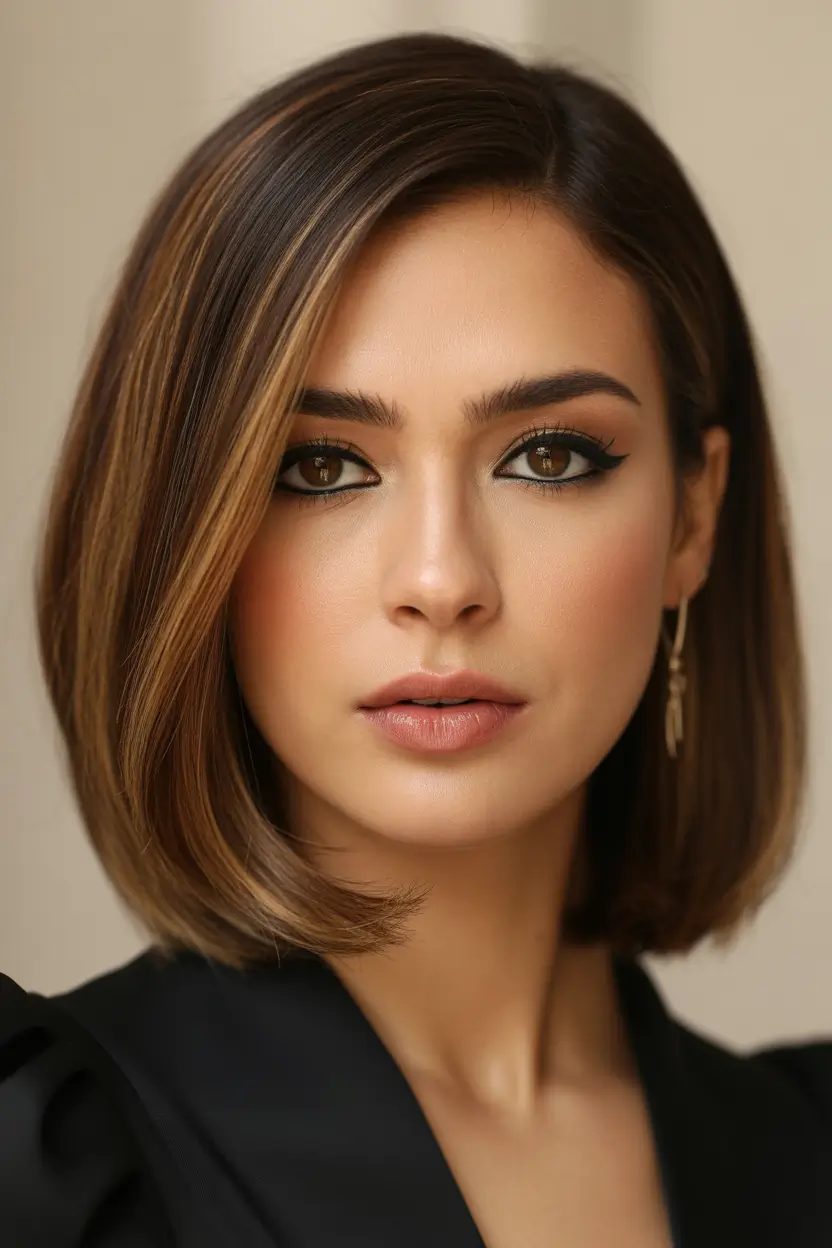 bob haircut Caramel Lights on a Polished Brunette Bob