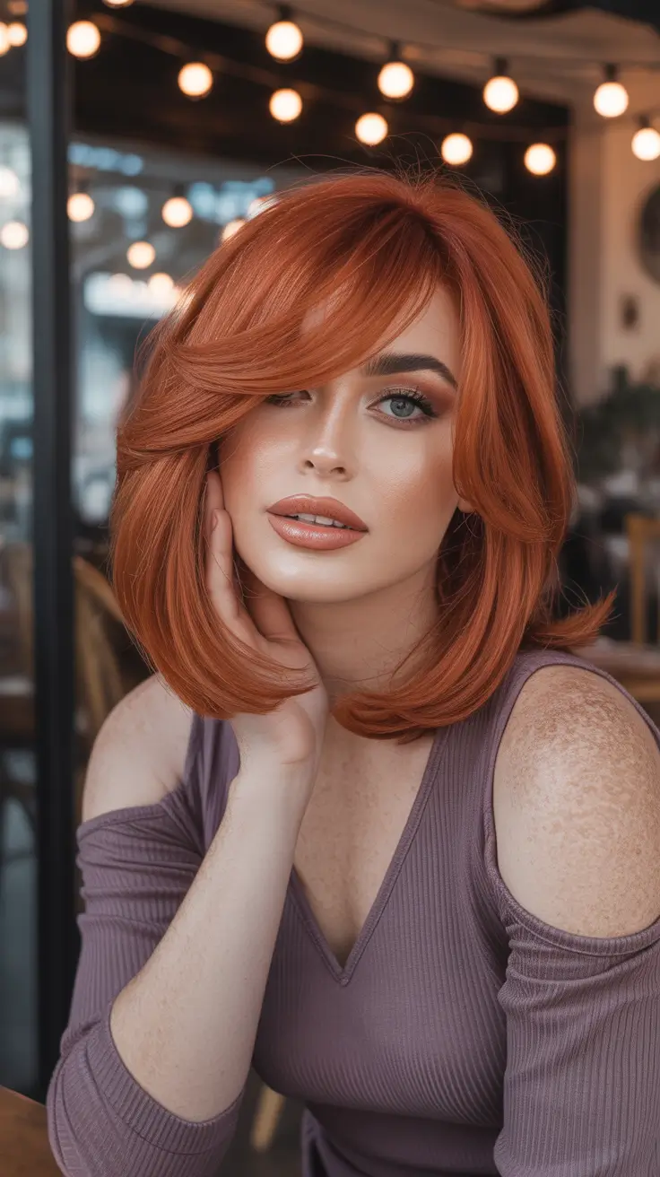 bob haircut Layered Copper Bob with Side-Swept Fringe