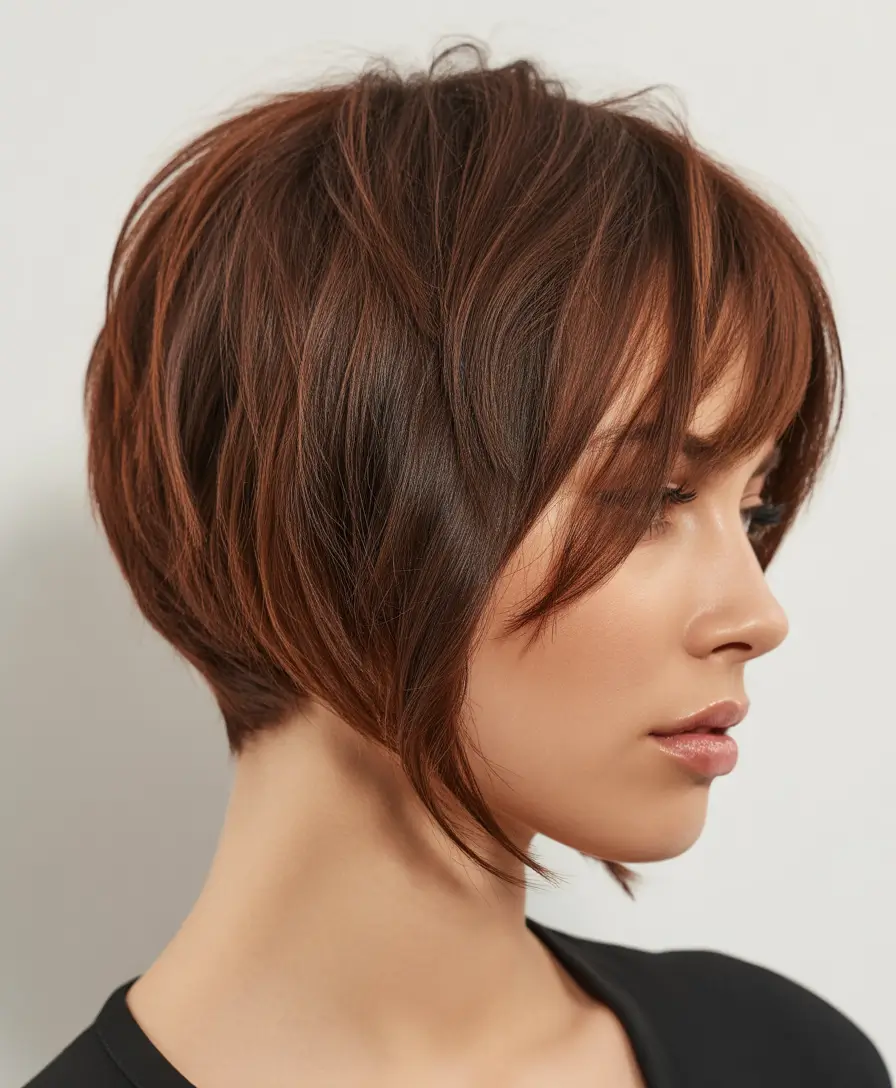 bob haircut Feathered Brunette Bob with Soft Movement