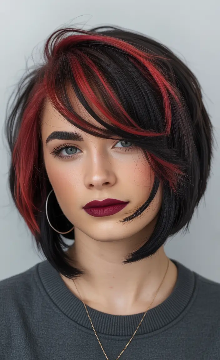bob haircut Red-Striped Punk Bob with High Contrast Detail