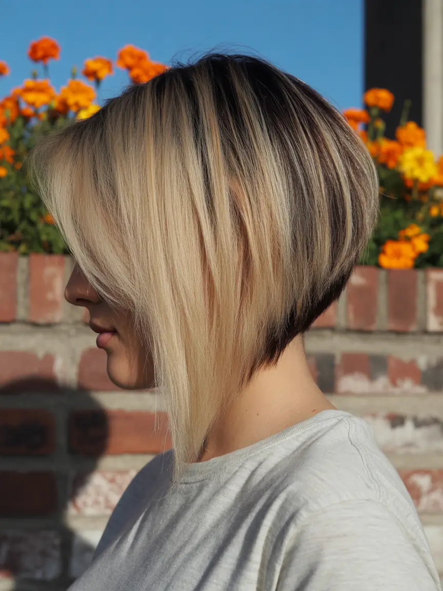 bob haircut Golden Blonde Angled Stacked Bob