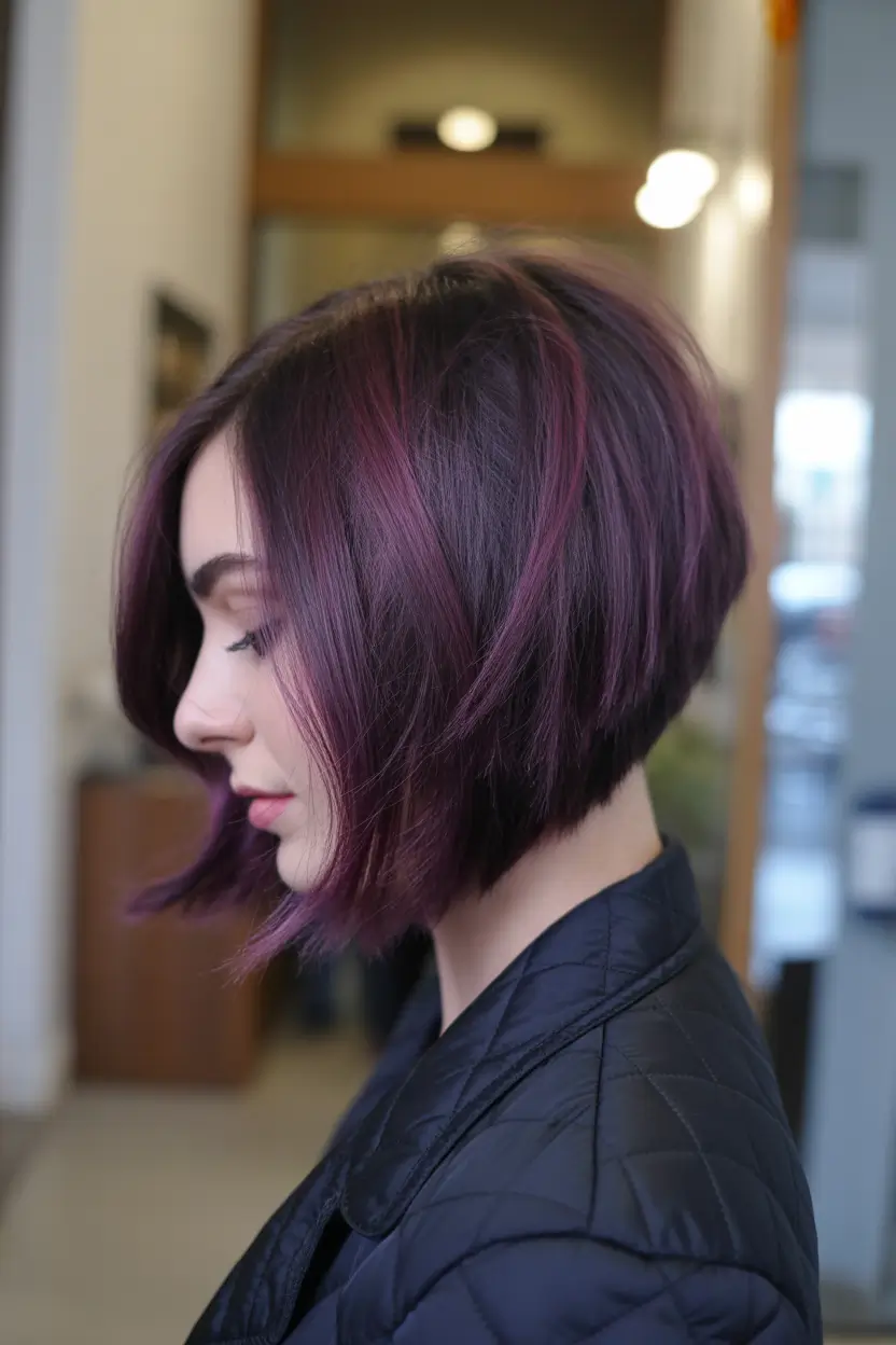 bob haircut Violet Tinted Stacked Bob With Edge