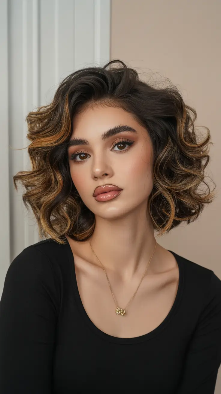 bob haircut Voluminous Curly Bob With Warm Highlights