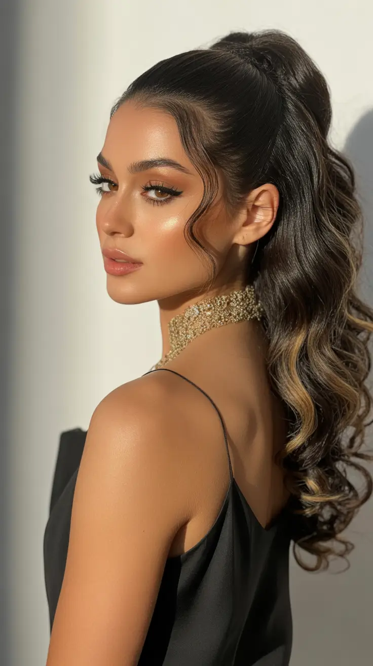 ponytail hairstyle The Glossy Midnight Wave Pony