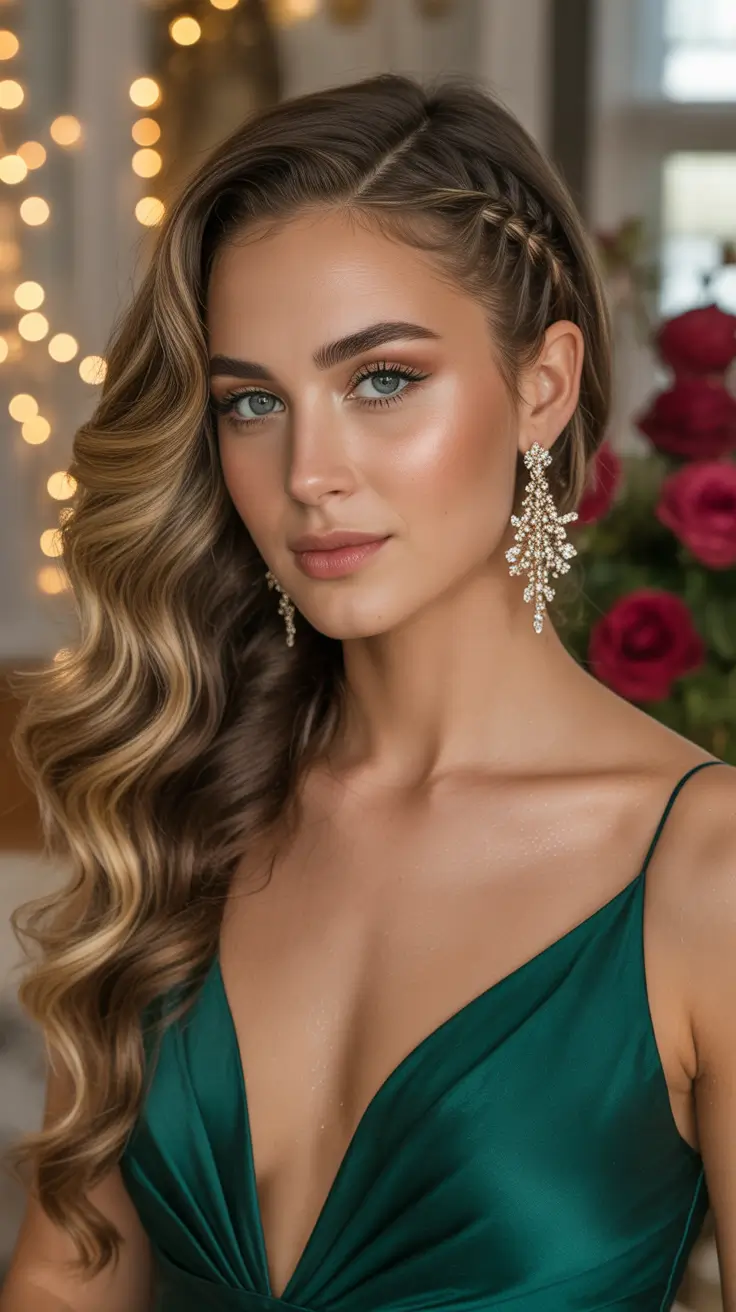 side part hairstyle Braided Side Part With Cascading Party Waves