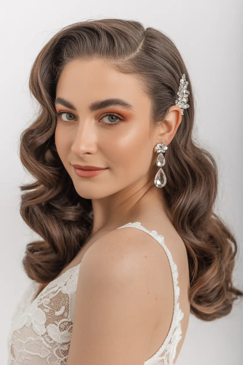 side part hairstyle Embellished Bridal Waves With Side Part Detail