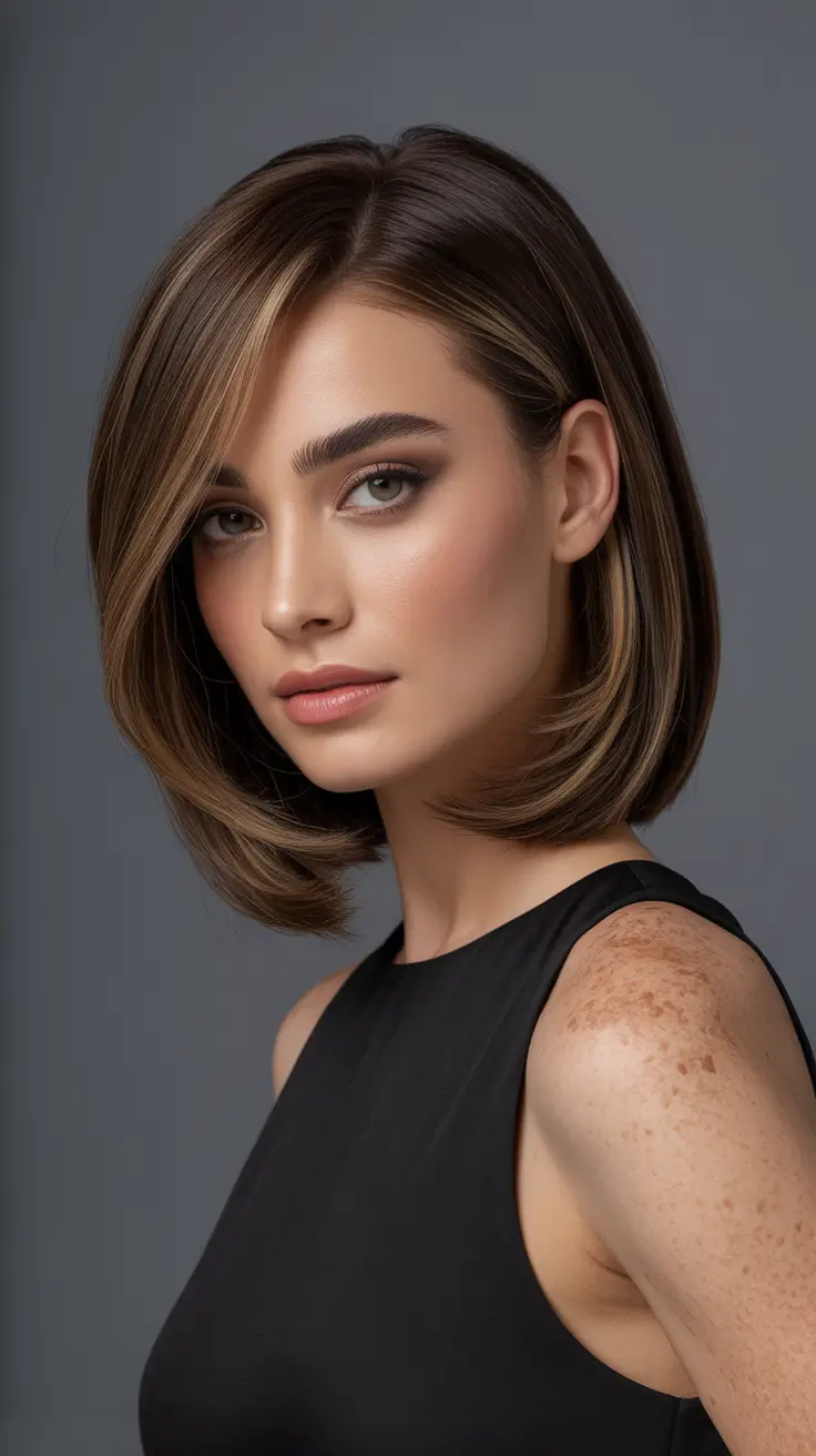 side part hairstyle Glossy Chestnut Bob With Soft Side Sweep