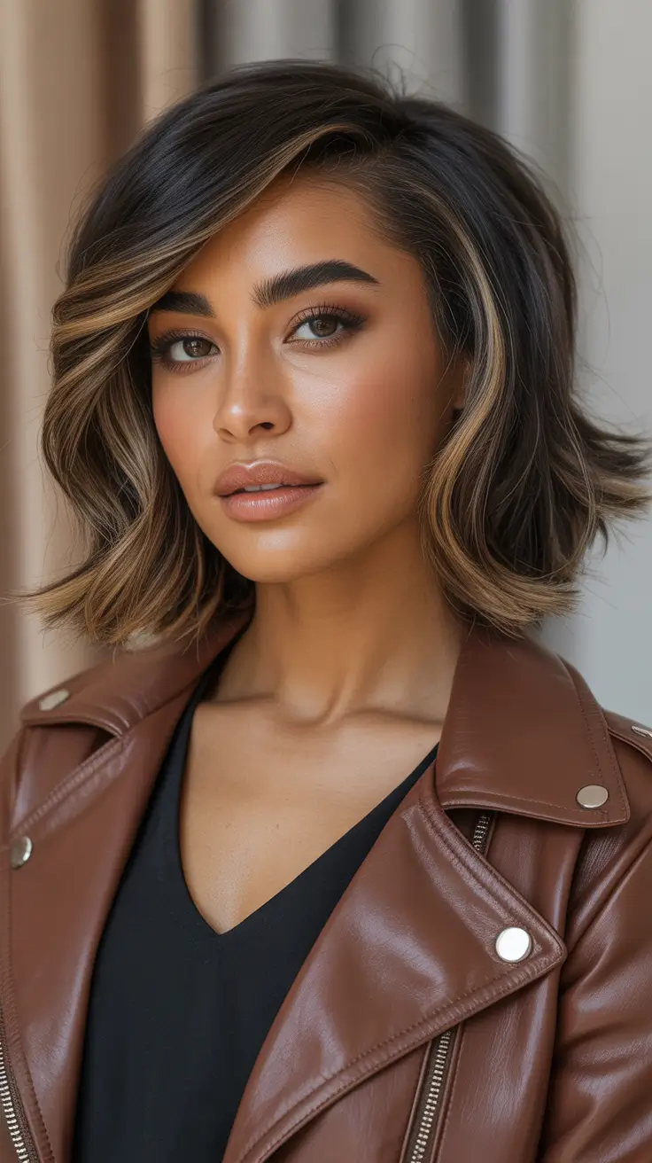 side part hairstyle Modern Latte Bob With Layered Side Part